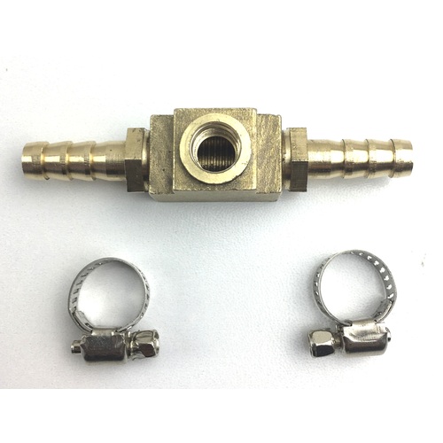 Fuel Pressure Gauge inline brass adapter with hose clamps