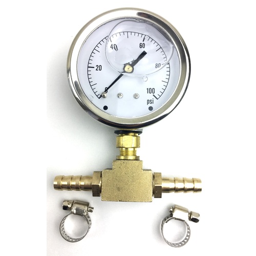 Fuel Pressure Gauge psi (side port) with Inline Brass Adapter and Hose Clamps